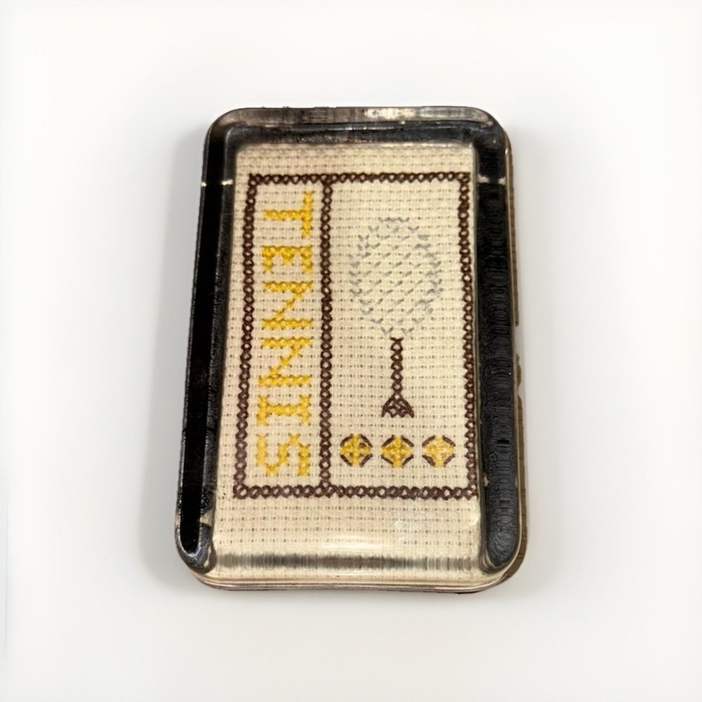 Vintage Lucite Needlepoint Tennis Paperweight Gold Tone Felt Base